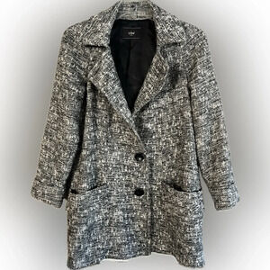 Vintage Le Shop Casual Black and White Fiber Overcoat, Button Front, Pockets, S